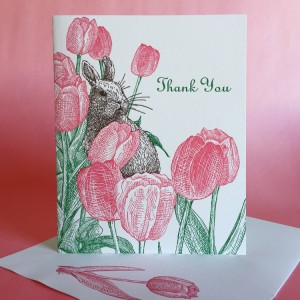 Tulip letterpress thank you note with rabbit by Painted Tongue Press