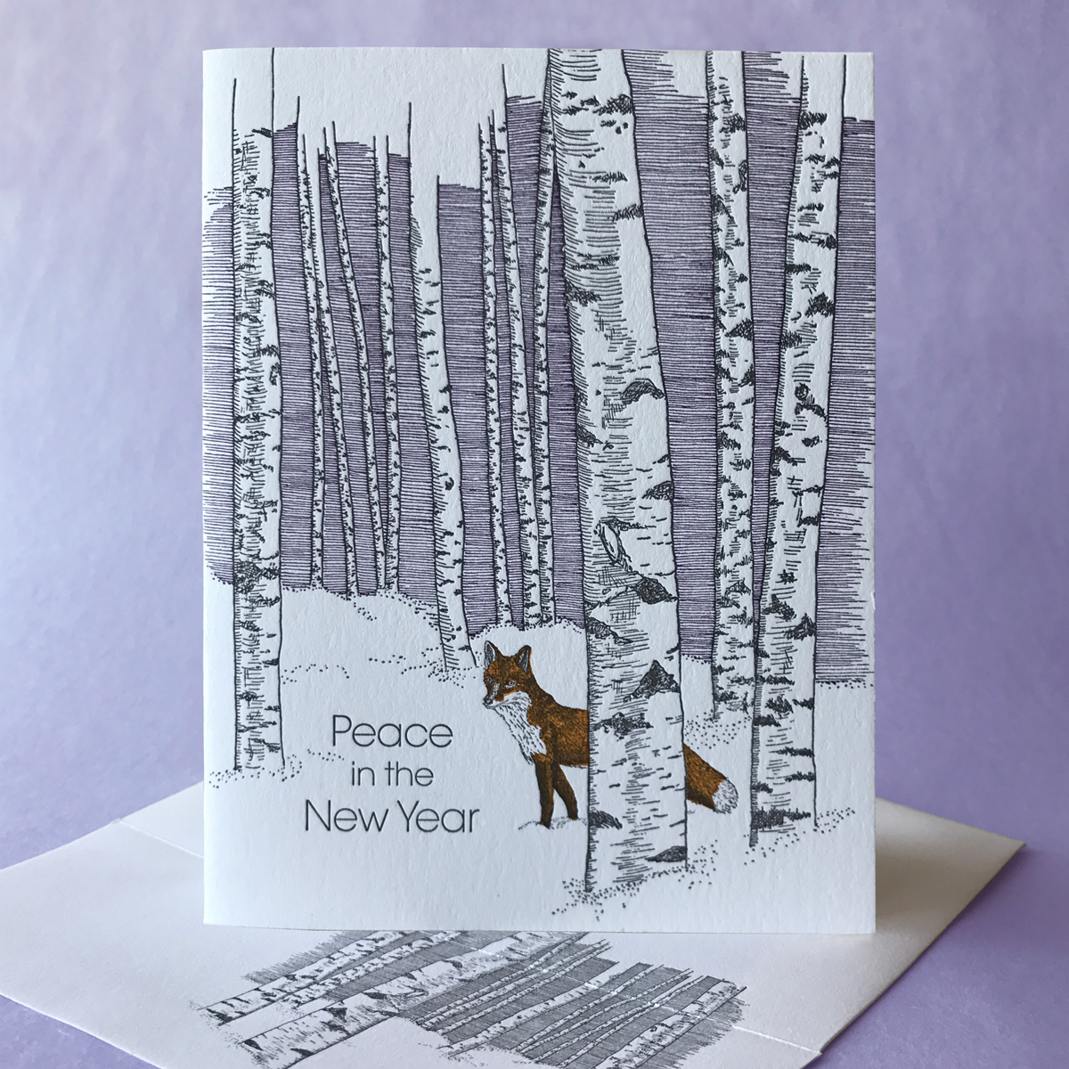 Birch New Year card with Fox
